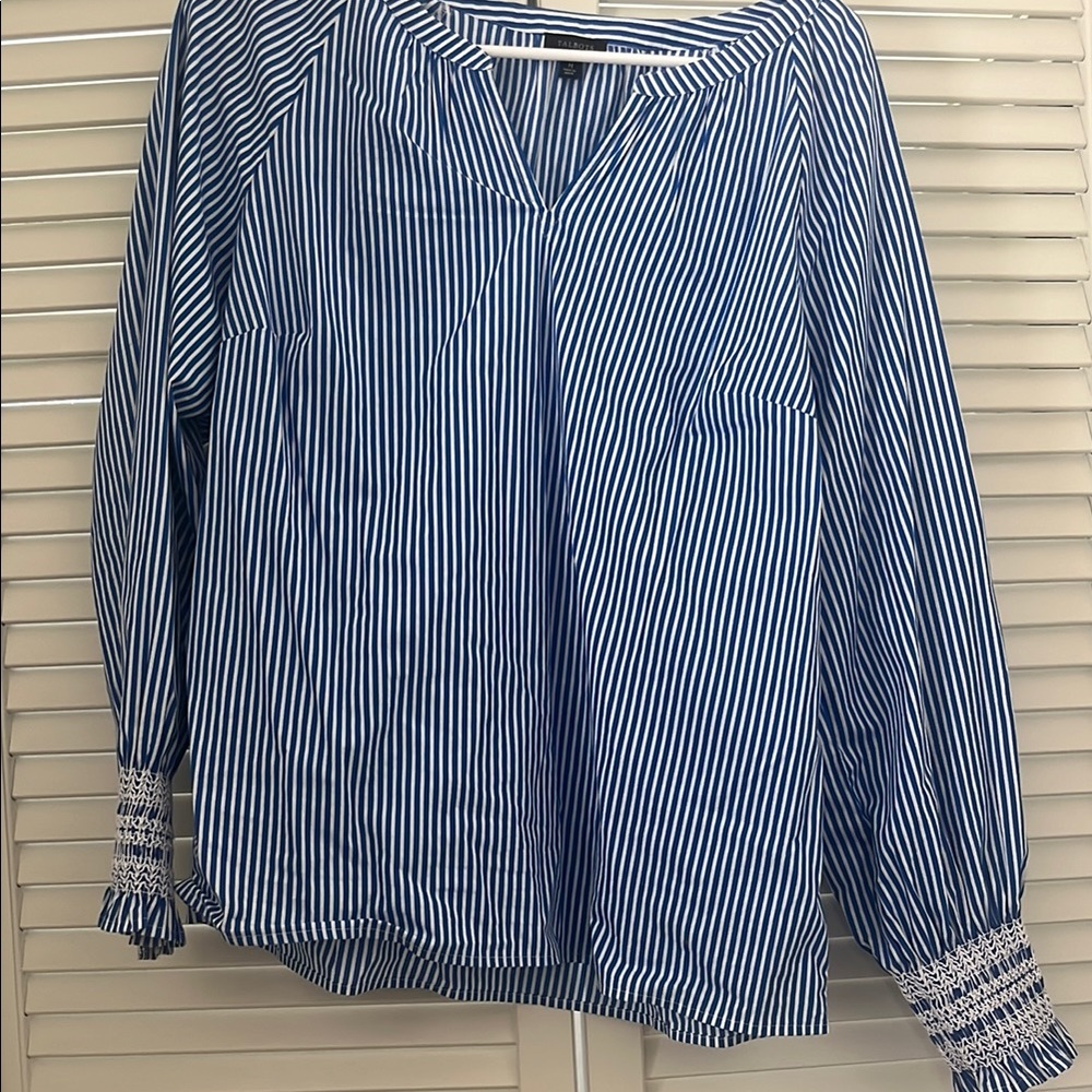 Talbots Blue and White Smocked Long Sleeve Blouse